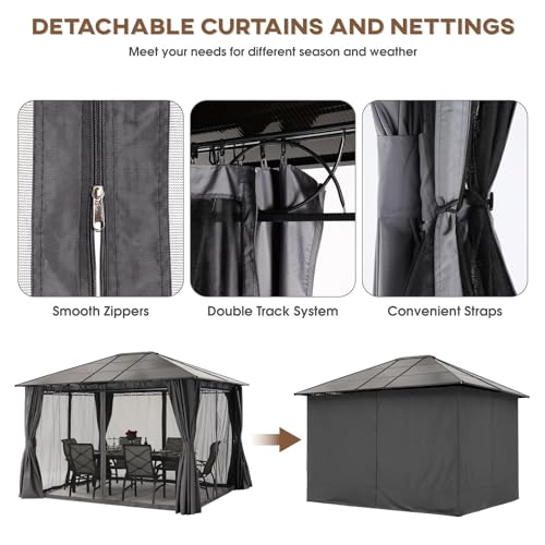 ABCCANOPY Hardtop Gazebo 10x12 - Outdoor Polycarbonate Hard Top Roof Gazebo with Curtains and Netting for Patios, Deck, Backyard and Garden (Dark Gray) - WoodArtSupply