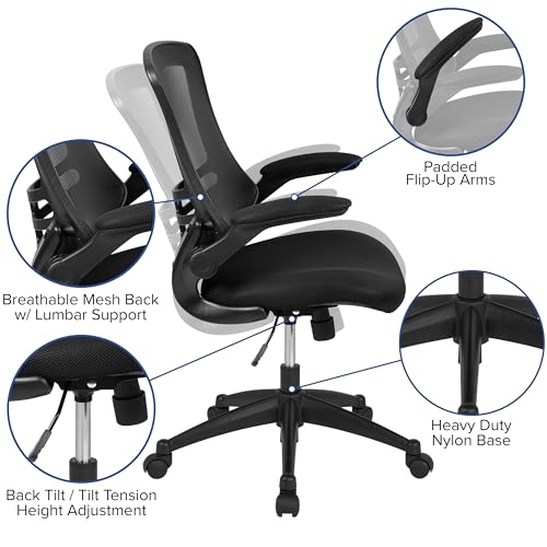 Flash Furniture Kelista Mid-Back Swivel Office Chair with Adjustable Seat Height, Ergonomic Mesh Desk Chair with Flip-Up Armrests, Black Flash Furniture