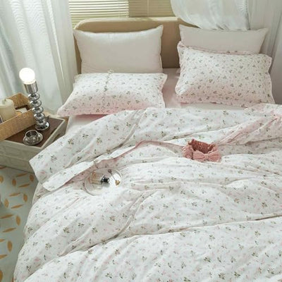 Faincy Floral Queen Size Comforter Set, Pink White Flower Leaf Pattern Printed Preppy Alternative Bedding Sets - 90 x 90 inch 3 PCs Soft Microfiber Duvet Modern Vintage Bed in a Bag for Women Men