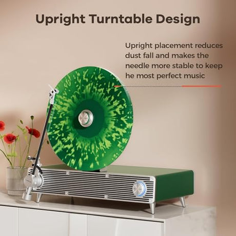 CoolGeek VS01 Vertical Record Player with Built-in Subwoofer & Speakers, Premium Hi-Fi Turntable with AT-3600L Stylus, Anti-Vibration Upright Vinyl Player for Home Decor (33/45 RPM) (Green) COOLGEEK