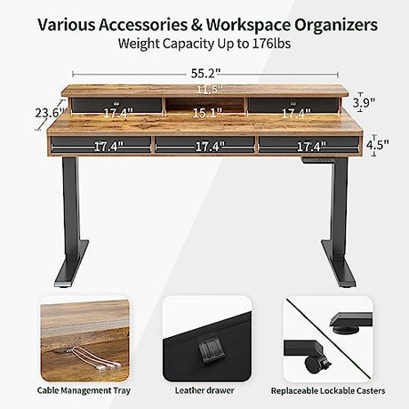 FEZIBO Height Adjustable Electric Standing Desk with 5 Drawers, 55 x 24 Inch Table with Storage Shelf, Sit Stand Desk Black Frame/Rustic Brown Top, FEZIBO
