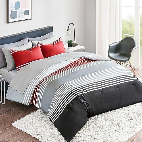 Comfort Spaces Comforter Sets with Sheets - Bed in a Bag 9 Pieces Teen Bedding Sets , Red and Grey Stripes Bedding Full, College Full Bed Set with 2 Side Pockets Bedroom Organizer Comfort Spaces