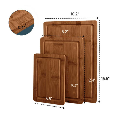 MelBell Bamboo Cutting Board Set Of 3 for Kitchen - Wooden Chopping Boards with Juice Groove - Wood Serving Board for Meat, Vegetables, Cheese MelBell