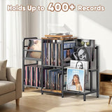 POKIPO Large Record Player Stand, Vinyl Record Storage Holds up to 400+ Albums, 3 Tier Turntable Stand with Display Shelf, 3-in-1 Multifunctional Record Player Cabinet Media Console Table for Stereo POKIPO