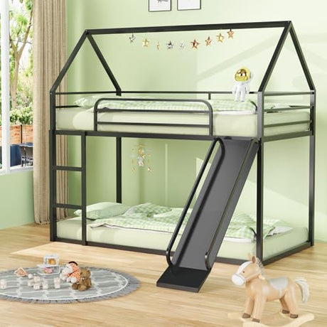 Varmsteda Bunk Bed Twin Over Twin for Kids with Slide and Ladder, Metal Floor Bunk Bed Frame with Full-Length Guardrail, Space-Saving Bunk Beds, Black Varmsteda