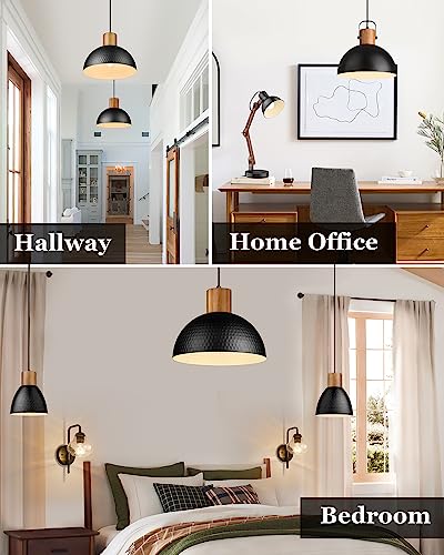 ELYONA Industrial Pendant Light, Rubber Wood Dome Hanging Lamp with 12" Hammered Metal Shade, Modern Pendant Light Fixtures for Kitchen Island, Bar, Farmhouse Dining Room, Bedroom, Hallway - Black ELYONA