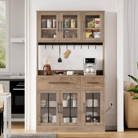 YITAHOME 71" Farmhouse Kitchen Pantry Storage Cabinet with Power Outlet, Freestanding Glass Door Display Pantry Hutch with Microwave Stand & Adjustable Shelves & Large Countertop for Home, Lvory Grey YITAHOME