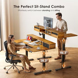 OffiGo U Shaped Electric Standing Desk with Drawers, 55 Inch Height Adjustable Desk with Keyboard Tray ＆ Ergonomic Monitor Stand, Sit Stand Table with Power Outlets for Home, Office, Rustic Brown OffiGo