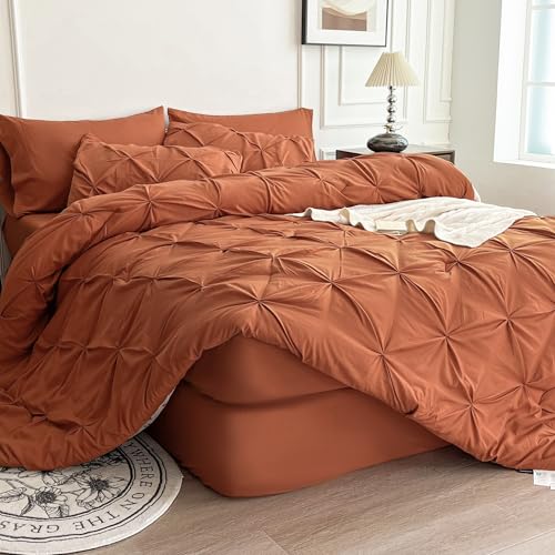 Maple&Stone Full Size Comforter Sets, 7 Pieces Bedding Sets Full, Pintuck Bed in a Bag Bed Set with Comforter, Sheets, Pillowcases & Shams - Burnt Orange Maple&Stone