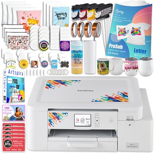 Brother SP-1 Sublimation Printer Deluxe Starter Bundle with Full Ink Set, 160 Sublimation Transfer Sheets, 56 Blanks, Tape and More