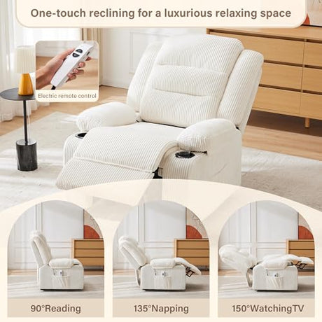 Hicosit Power Pushback Recliner with Cup Holders, Electric Recliner Chair for Adults, Reclining Chair with Side Pocket for Living Room (1, Stripe White) Hicosit