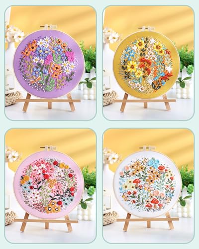 ERKOON 4 Sets Embroidery Kit for Beginners,Hummingbird and Flower Cross Stitch Set for Include Embroidery Cloth Hoops Threads for Craft Lover Hand Stitch (Flower) ERKOON