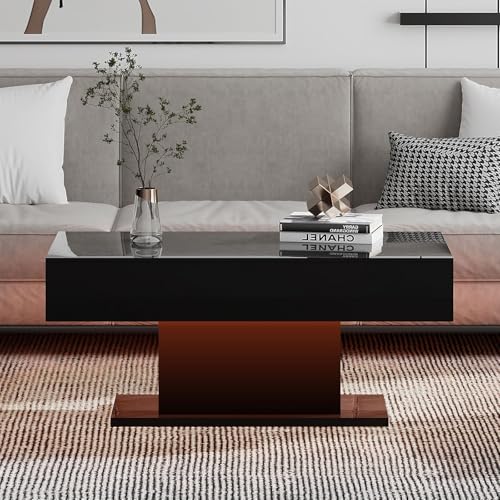 HedoAjim Led Coffee Table for Living Room, Living Room Table Rectangular Center Table, Modern High Glossy Wooden Coffee Tables with 16 Colors LED Lights for Dining Reception Room, Black HedoAjim