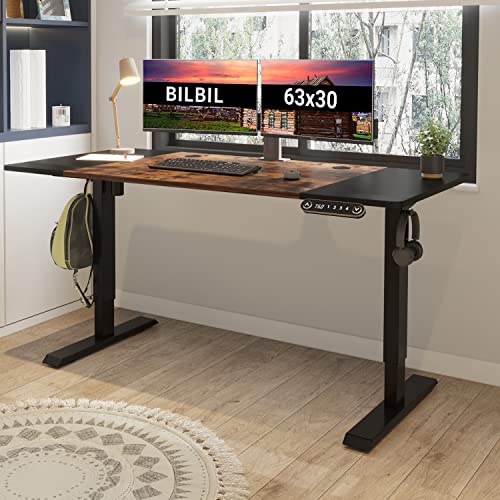 bilbil 63 x 30 Inches Electric Standing Desk, Height Adjustable Sit Stand Table with Splice Board, Stand up Home Office Desk, Black Frame/Black and Rustic Brown Top - WoodArtSupply