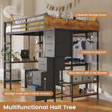 VIAGDO Loft Bed Twin Size with Hall Tree, Charging Station and LED Lights, Metal Loft Bed with L-Shaped Desk, 5 Storage Drawers, Heavy Duty Twin Size Bed with Stairs, No Box Spring Needed, Black VIAGDO