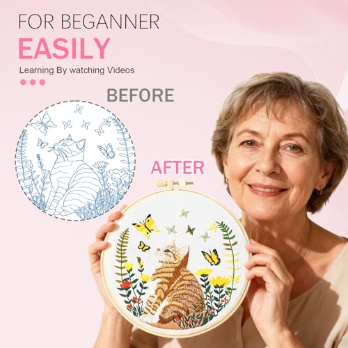 Huacan Embroidery Kit for Beginners Adults Includes Stamped Cat Pattern, Hoop, Color Threads,Tools,Easy to Follow Instruction