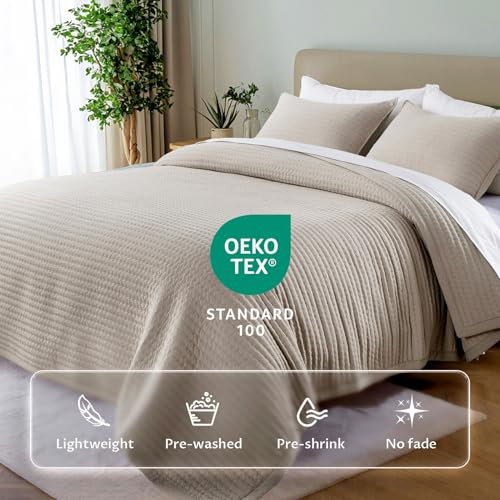 Oversized King Quilt Set 112"x106" – Soft Washed 3-Layer Lightweight California King Bedspread, Minimalist Nordic Design, All-Season Spring & Summer Quilt Set (1 Quilt + 2 Pillow Shams),Light Taupe KASENTEX