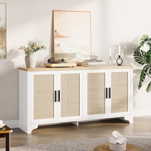 GarveeHome 4-Door Sideboard Buffet Cabinet, Natural Rattan Storage Cabinet, Boho Entryway Console Table, Coffee Bar Station for Dinning Room, Living Room, Kitchen, White GarveeHome