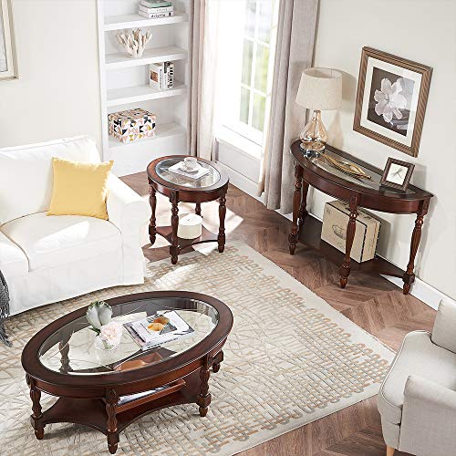 PADMA HOUSE Traditional Solid Wood Semi-Circle Sofa Table with Tempered Glass Top for Living Room, Cherry Walnut PADMA HOUSE