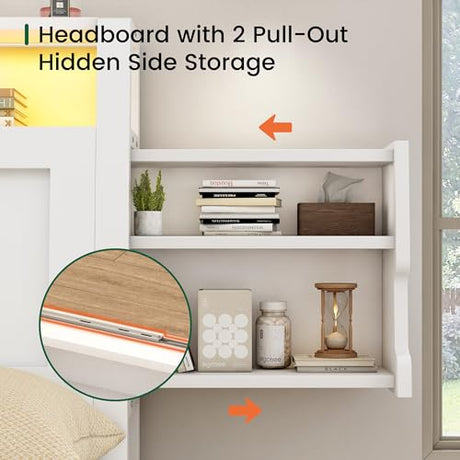 LARMACE King Size Bed Frame with Charging Station and LED Lights Wooden Platform Bed Frame with Storage Drawers and Ergonomic Headboard,2-Tier Hidden Storage,No Box Spring Needed,Easy Assembly,White LARMACE