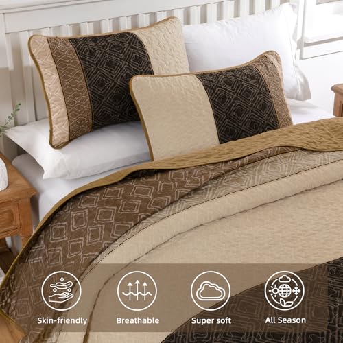 Boho Queen Quilt Set,Striped Plaid Bedspread Coverlet Set,Light Brown Bedding Set Soft Microfiber Bedding Set with 2 Pillow Shams 96"x90" Cottolester