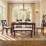LUXOAK 6-Piece Solid Wood Dining Table Set, Upholstered Chair w/Bench Seat, Seating for 6, 60'' Farmhouse Wood Kitchen Chairs Set for Living Room, Dining Room, Brown & Black Finish LUXOAK