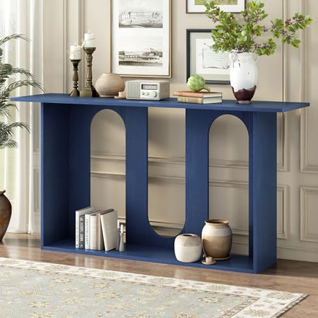 Knocbel Entryway Console Table with Curved Design and Ash Veneer, Modern Sofa End Tables with Top Bottom Shelf for Living Room Hallway, 15.7" D x 60" W x 31.5" H Navy Blue Knocbel