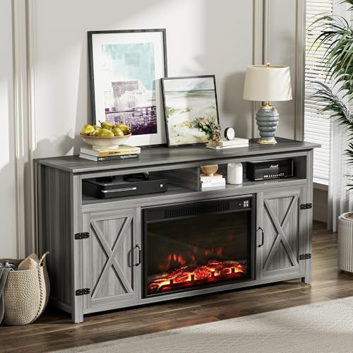 YESHOMY Fireplace TV Stand for Television up to 65+ Inch with Storage and Farmhouse Barn Doors, Entertainment Center with Cabinet and Shelves, Media Console for Living Room, Gray Wash YESHOMY