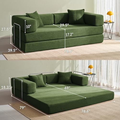 YINIX Foldable Sofa Bed, 78'' Folding Floor Couch, Compressed Convertable Sleeper Sofa, Memory Foam Couch with Pillow Back Support Armrest, 4-in-1 Futon Sofa Bed for Living Room, Green YINIX