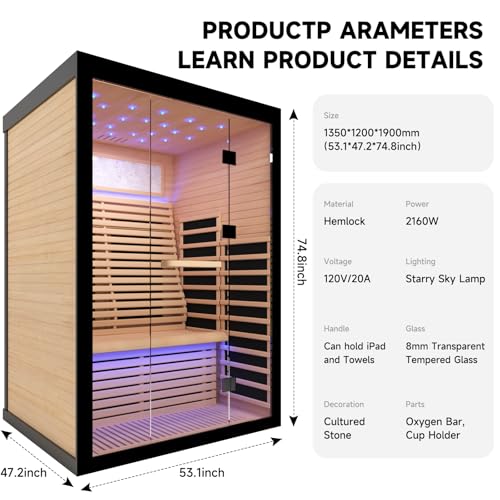 OUTEXER 2 Person Infrared Sauna Room Far Infrared Saunas Home Canadian Hemlock Indoor 2100W Low-EMF Dry Saunas with Oxygen Bar 7 Color Therapy 53.1 * 47.2 * 74.8inch OUTEXER