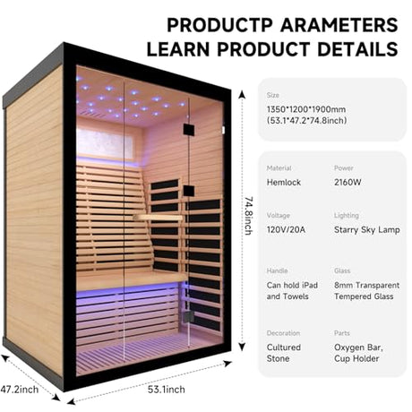OUTEXER 2 Person Infrared Sauna Room Far Infrared Saunas Home Canadian Hemlock Indoor 2100W Low-EMF Dry Saunas with Oxygen Bar 7 Color Therapy 53.1 * 47.2 * 74.8inch OUTEXER