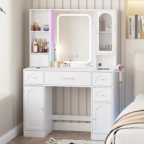 White Vanity Desk with Mirror and Lights,Makeup Vanity with RGB Lights and Power Strip,Makeup Desk Vanity Table with 5 Drawers Lots Storage & Time Display,3 Lighting Modes LED Lighted Mirror, - WoodArtSupply