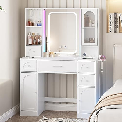 White Vanity Desk with Mirror and Lights,Makeup Vanity with RGB Lights and Power Strip,Makeup Desk Vanity Table with 5 Drawers Lots Storage & Time Display,3 Lighting Modes LED Lighted Mirror, - WoodArtSupply