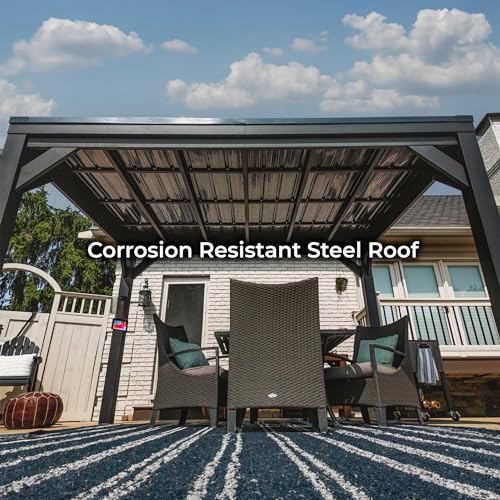 Backyard Discovery Stonebridge 12 ft. x 9 ft. 6 in. All Metal Steel Gazebo Pavilion with Slant Roof, Durable, Supports Snow Loads and Wind Speed, Rot Resistant, Backyard, Deck, Garden, Patio Backyard Discovery