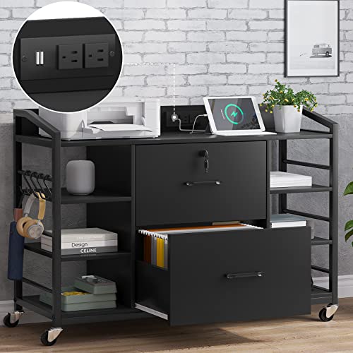 SEDETA 44" File Cabinet, Filing Cabinet fits Legal/Letter Size, 2 Drawer File Cabinets for Home Office with Lock, Power Strip, 6 Storage Shelves, Rustic Brown SEDETA