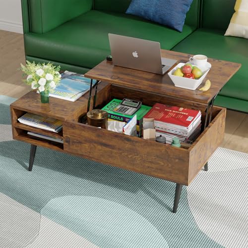 PayLessHere Lift Top Coffee Table with Adjustable Storage and Hidden Compartment Small Wood Coffee Table Center Table for Home Living Room Office Apartment Reception Room,Brown PayLessHere
