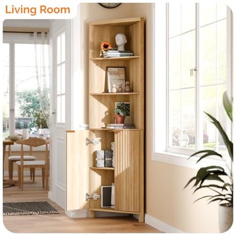 VINGLI 68" Tall Corner Cabinet with Fluted Doors,Corner Bathroom Storage Cabinet Pantry Hutch Display Shelves Adjustable for Kitchen, Living Room Modern Space Saver Shelf Bathroom Furniture,Oak VINGLI