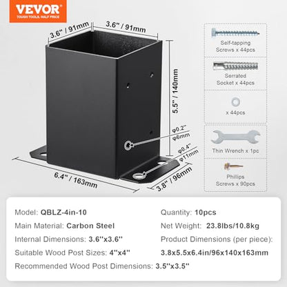 VEVOR 4x4 Post Base 10 Pcs, Inner Size 3.6"x3.6" Post Base Brackets, Heavy Duty Powder-Coated Post Anchor Matte Black Wood Post Brackets for Pavilion Deck Railing Support Deck Base Plate - WoodArtSupply