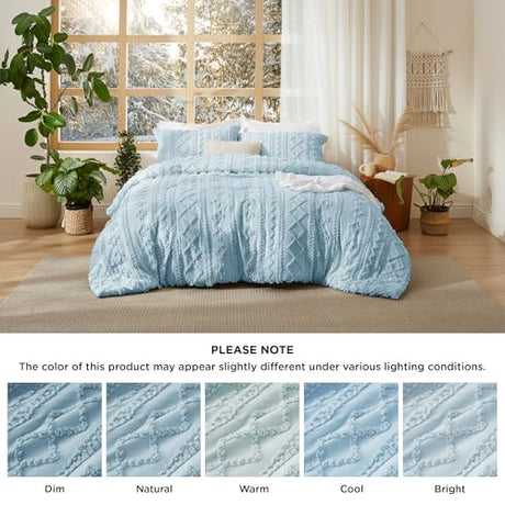 Bedsure Tufted Boho Comforter Set Full Size - Light Blue Boho Bed Set, GentleSoft™ 3 Pieces Farmhouse Shabby Chic Embroidery Bedding, Gifts for Woman, Soft Jacquard Full Comforter for All Seasons Bedsure