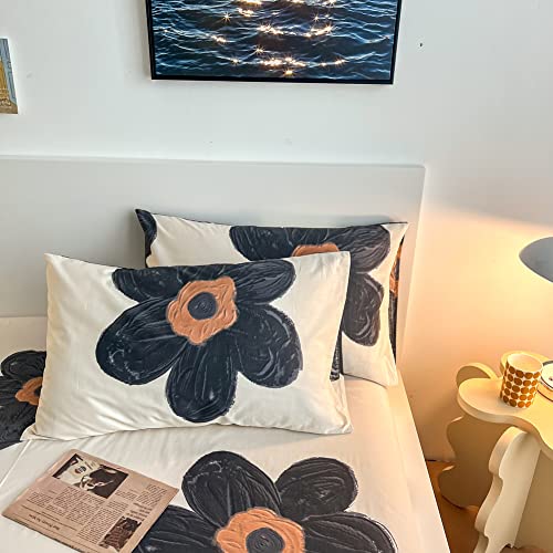 BlueBlue Flower Kids Duvet Cover Set, 100% Cotton Bedding for Boys Girls Teens Single Bed, Cartoon Cute Black Flower Floral Pattern Print on Cream White, 1 Comforter Cover 2 Pillowcase (Twin) BlueBlue