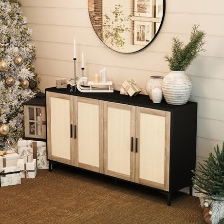 JASIWAY Sideboard - Buffet Cabinet with Storage, Rattan Kitchen Buffet Cabinet Accent Sideboard Cabinets with Doors, Coffee Bar Cabinets Rattan Sideboards for Living Room, Entryway, Black JASIWAY