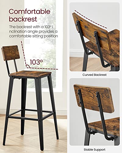 VASAGLE Industrial Style Set of 2 Backed Bar Stools with Steel Frame in Rustic Brown and Black - WoodArtSupply