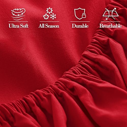 Mocassi California King Fitted Sheet - Deep Pocket Cooling Sheets up to 16 inch - Hotel Luxury 1800 Premier - Softest Sheets - Wrinkle Resistant - 1 Single Bottom Fitted Sheet, Cali King, Red Mocassi