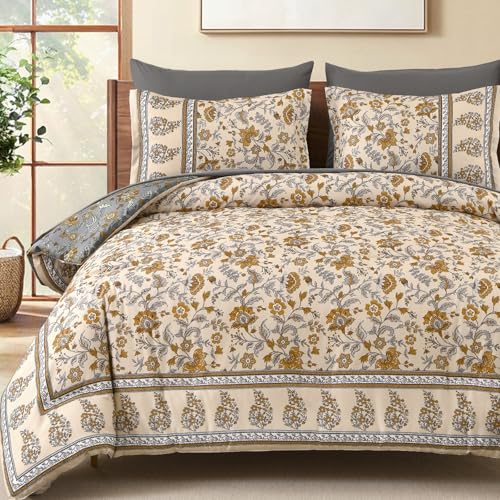 Dinjoy Boho Comforter Set Queen,Beige Brown Bedding Paisley Floral 7 Piece Bed in a Bag Reversible Lightweight Bohemain Comforters with Sheet Sets for All Season Dinjoy