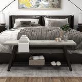 Oastreeful Grey Storage Bench Industrial Rustic Wooden and Metal Entryway Shoe Boots Storage Rack Long Bench Seat for Hallway Bedroom Rustic Farmhouse Style Oastreeful