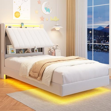 Twin Size Floating Bed Frame with Ergonomic Hidden Storage Headboard and LED Light,Visual Floating LED Bed Frame with Charing Station,Velvet Upholstered Platform Bed for Kid/Boy/Girl,Heavy Duty,White Jocoevol