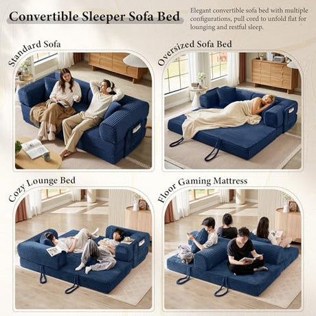 AUGOP Boneless Couch Folding Couches for Living Room Sofa, Futon Sofa Bed with Sleeper Sofa, Futon Couch with Fixed-Shape Oversized Corduroy Upholstered (Blue, 81 Inches) AUGOP