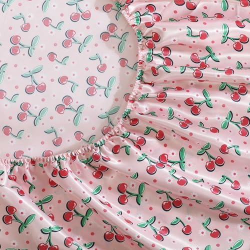 Betsey Johnson - King Bed Sheets, Satin Bedding Set with Matching Pillowcases, Wrinkle & Fade Resistant, Silky Smooth for Healthy Hair (Cherry Good Day Pink) Betsey Johnson