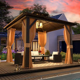 MELLCOM 10'x10' Hardtop Gazebo, Galvanized Steel Metal Double Roof Aluminum Gazebo with Curtain and Netting, Brown Permanent Pavilion Gazebo for Patio, Lawn & Garden MELLCOM