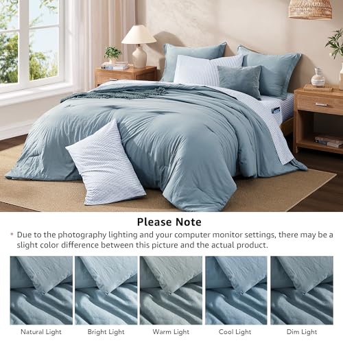 Monbix Queen Comforter Set - 7 Pieces Dusty Blue Prewashed Bed in a Bag Queen Bedding Sets with Comforters, All Seasons Ultra Soft Comforter Bed Set with Sheets,Pillowcases & Shams Monbix
